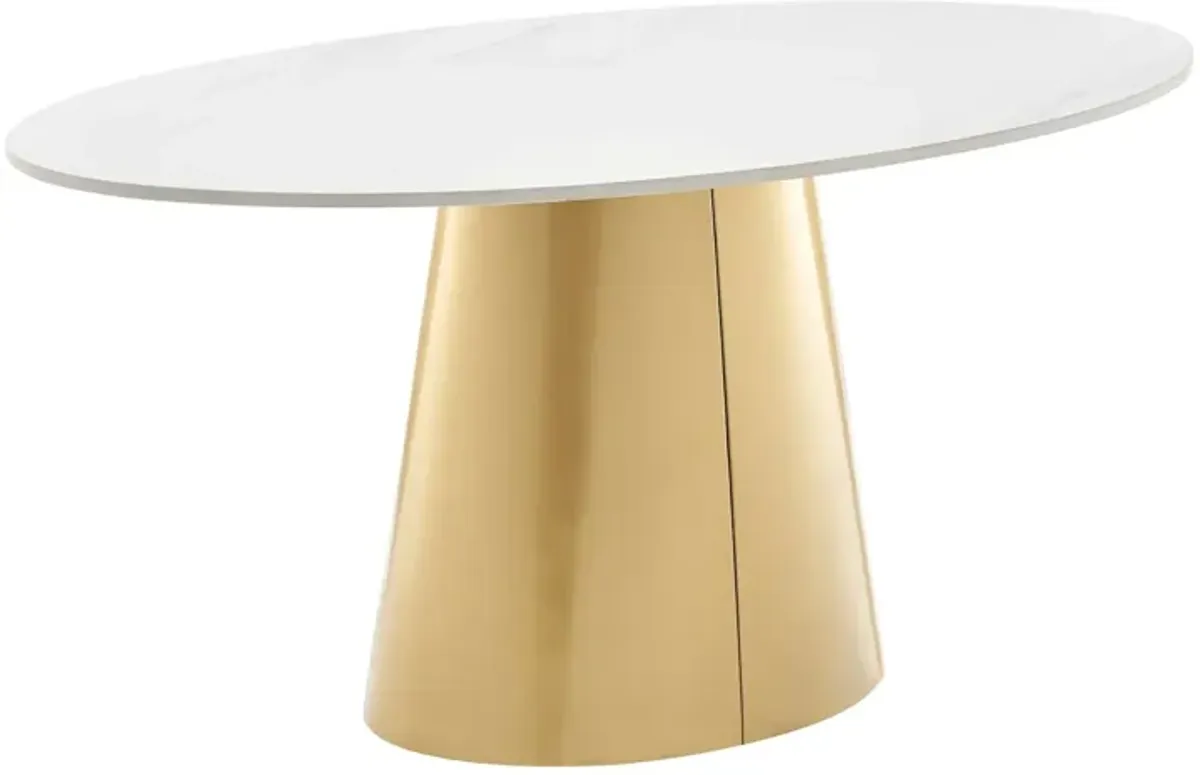 Vinessa Ceramic Top Oval Coffee Table w/ Brushed Stainless Steel Base, Marble White/ Gold (Top)