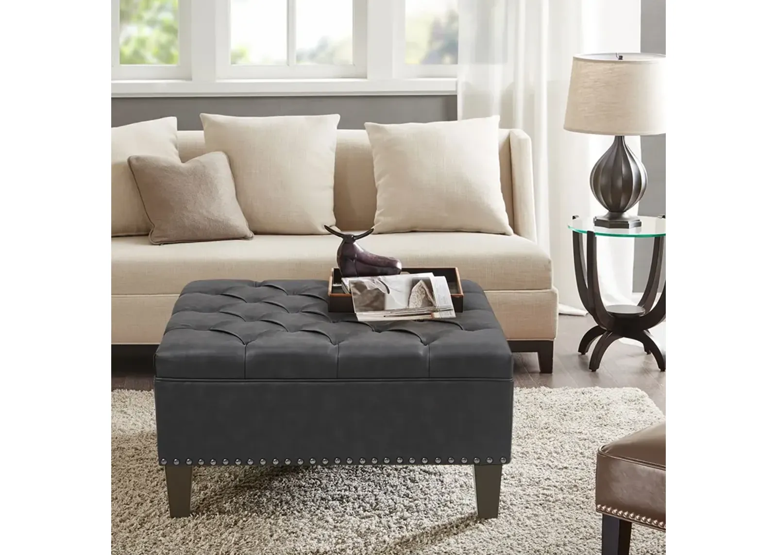 Madison Park Lindsey Charcoal Tufted Square Cocktail Ottoman