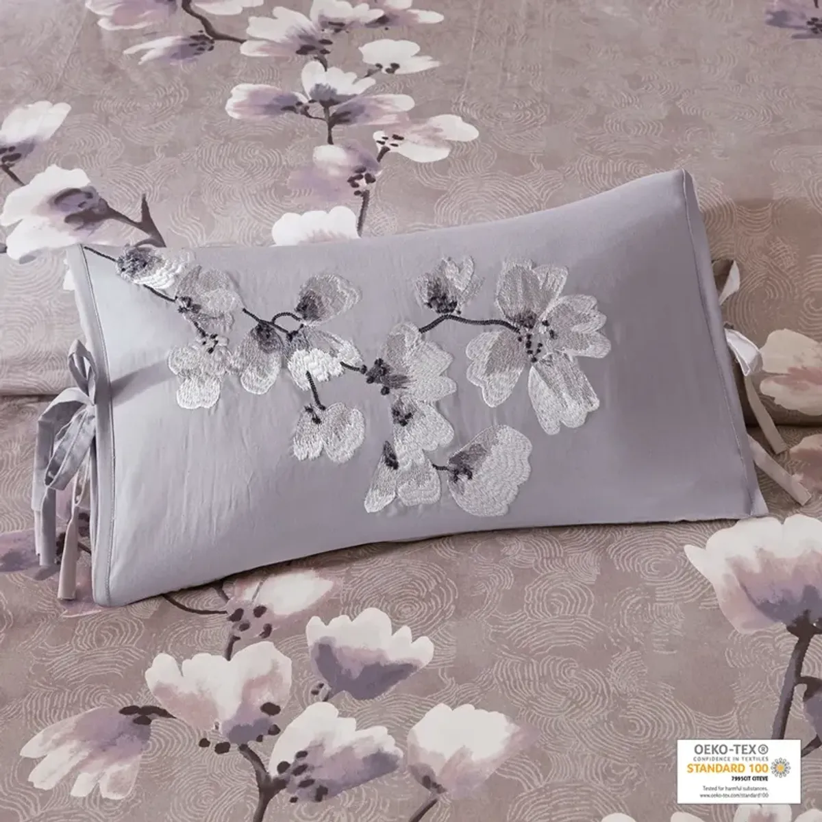 N Natori Sakura Blossom Lilac Embroidered Cotton Oblong Decorative Pillow