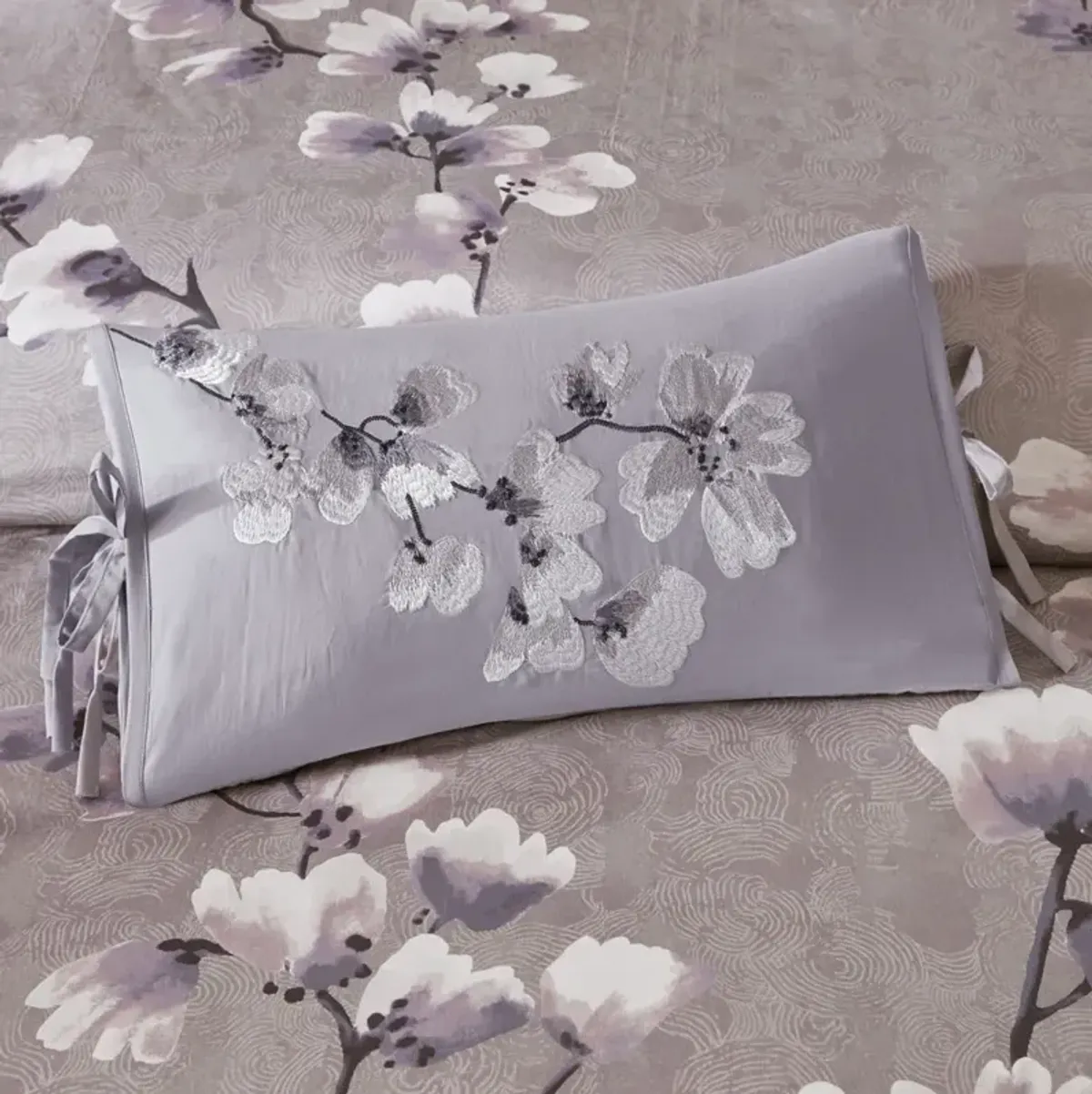 N Natori Sakura Blossom Lilac Embroidered Cotton Oblong Decorative Pillow