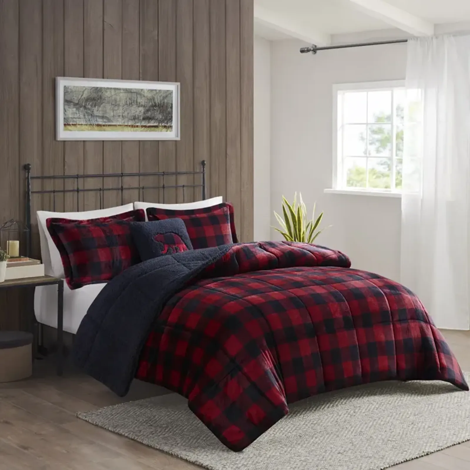 Woolrich Alton Red/Black Buffalo Check Plush to Sherpa Down Alternative Comforter Set