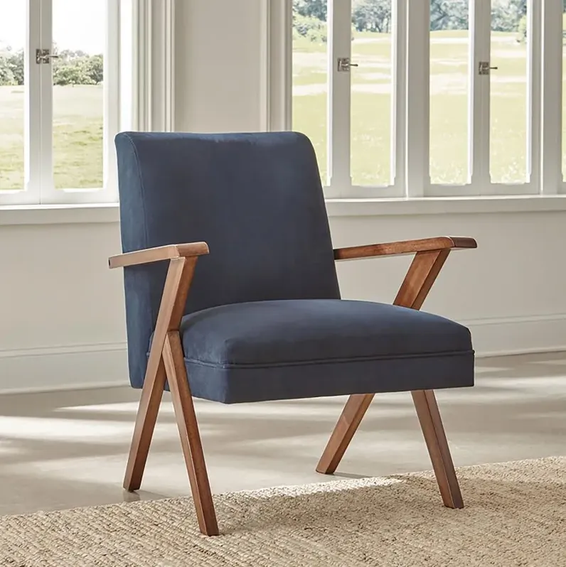 Aaliyah Wooden Arms Accent Chair Dark Blue And Walnut