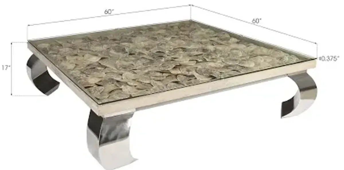 Shell Coffee Table, Glass Top, Ming Stainless Steel Legs