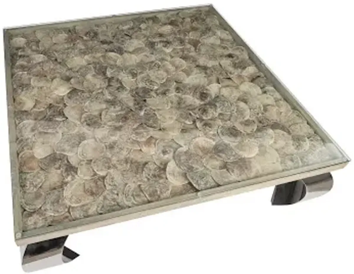 Shell Coffee Table, Glass Top, Ming Stainless Steel Legs