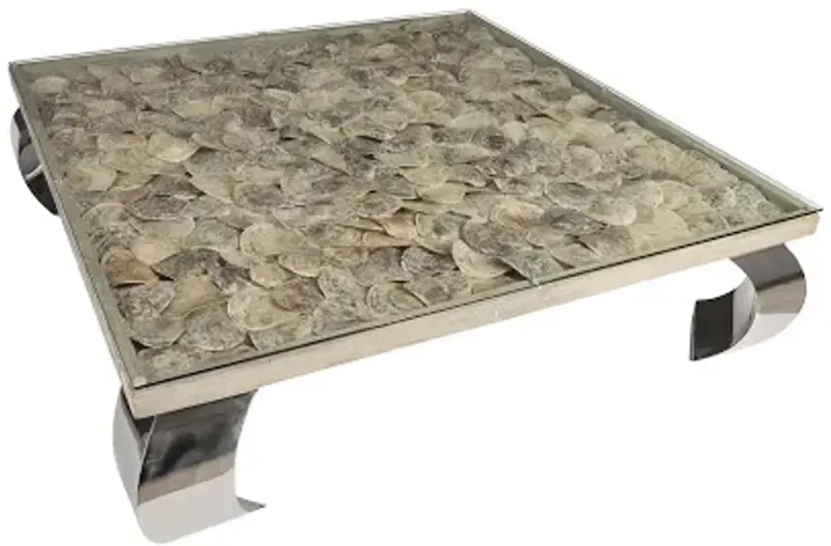 Shell Coffee Table, Glass Top, Ming Stainless Steel Legs