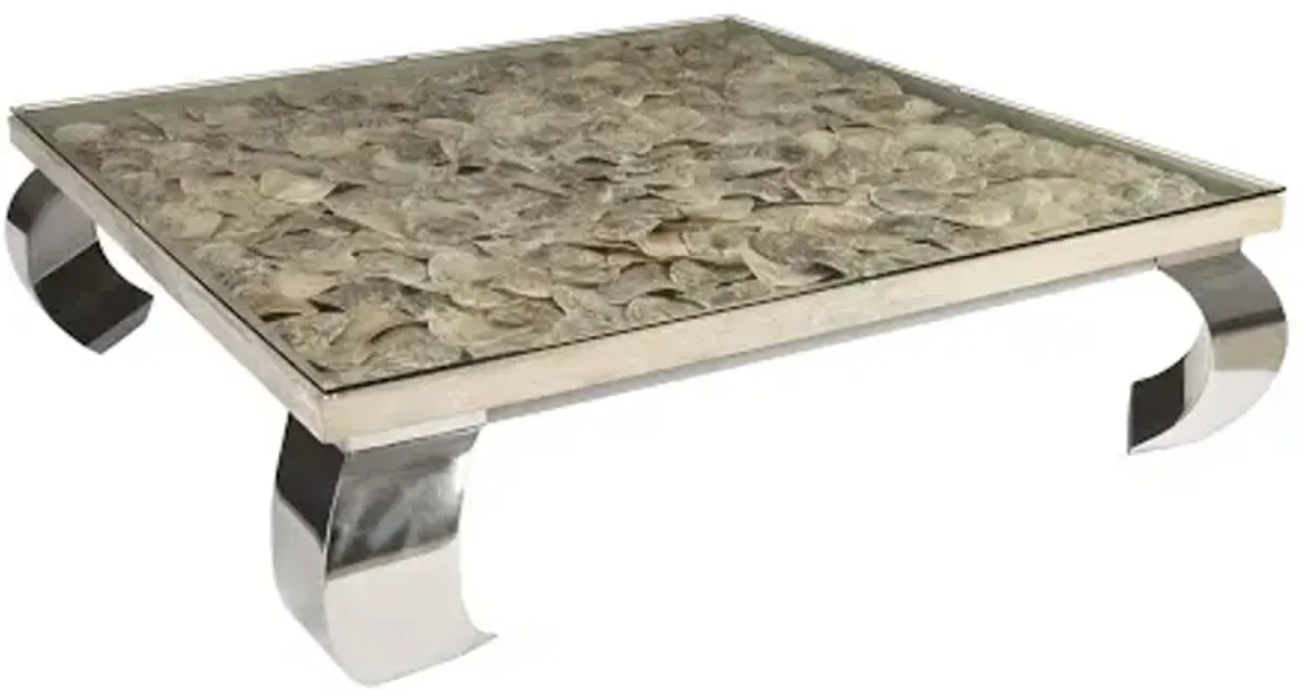 Shell Coffee Table, Glass Top, Ming Stainless Steel Legs