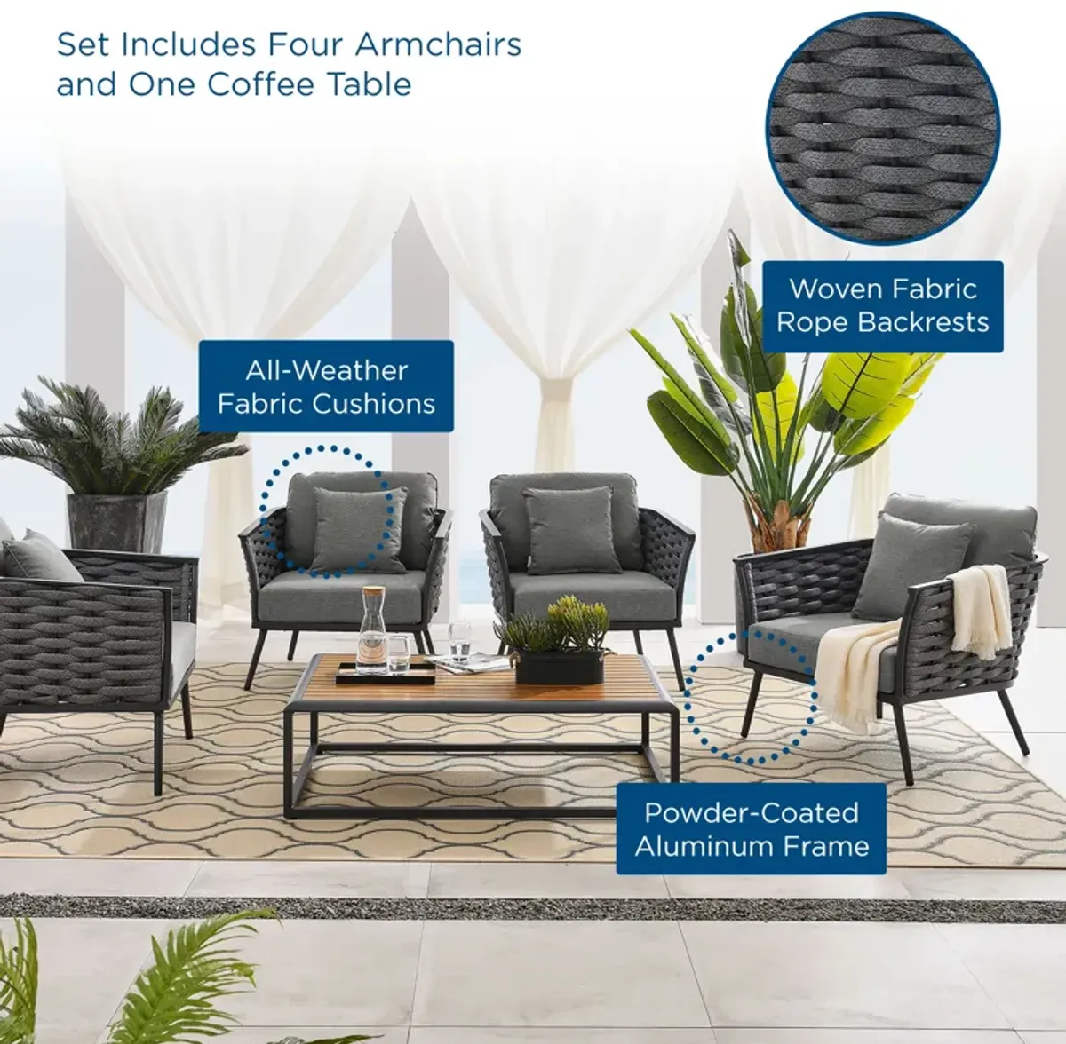 Stance 5 Piece Outdoor Patio Aluminum Sectional Sofa Set