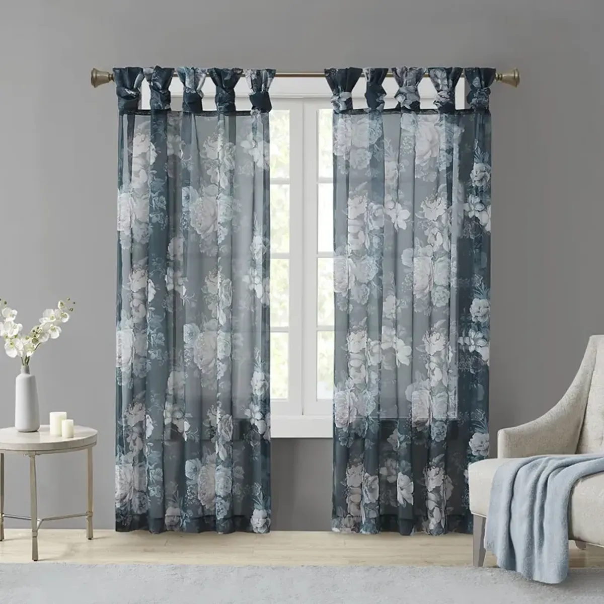 Madison Park Simone Navy Printed Floral Twist Tab Top Voile Sheer Curtain