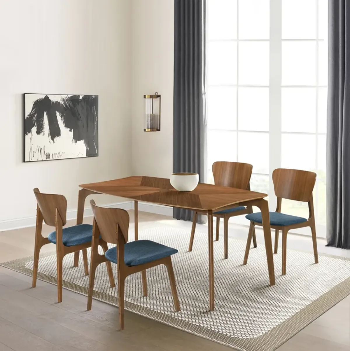 Kalia 5 Piece Wood Dining Set in Walnut Finish with Blue Fabric