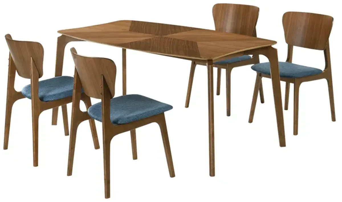 Kalia 5 Piece Wood Dining Set in Walnut Finish with Blue Fabric