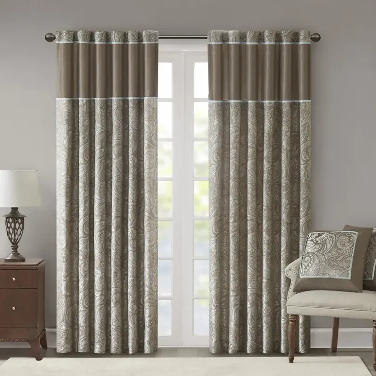 Madison Park Aubrey Blue/Brown Jacquard Curtain Panel Pair