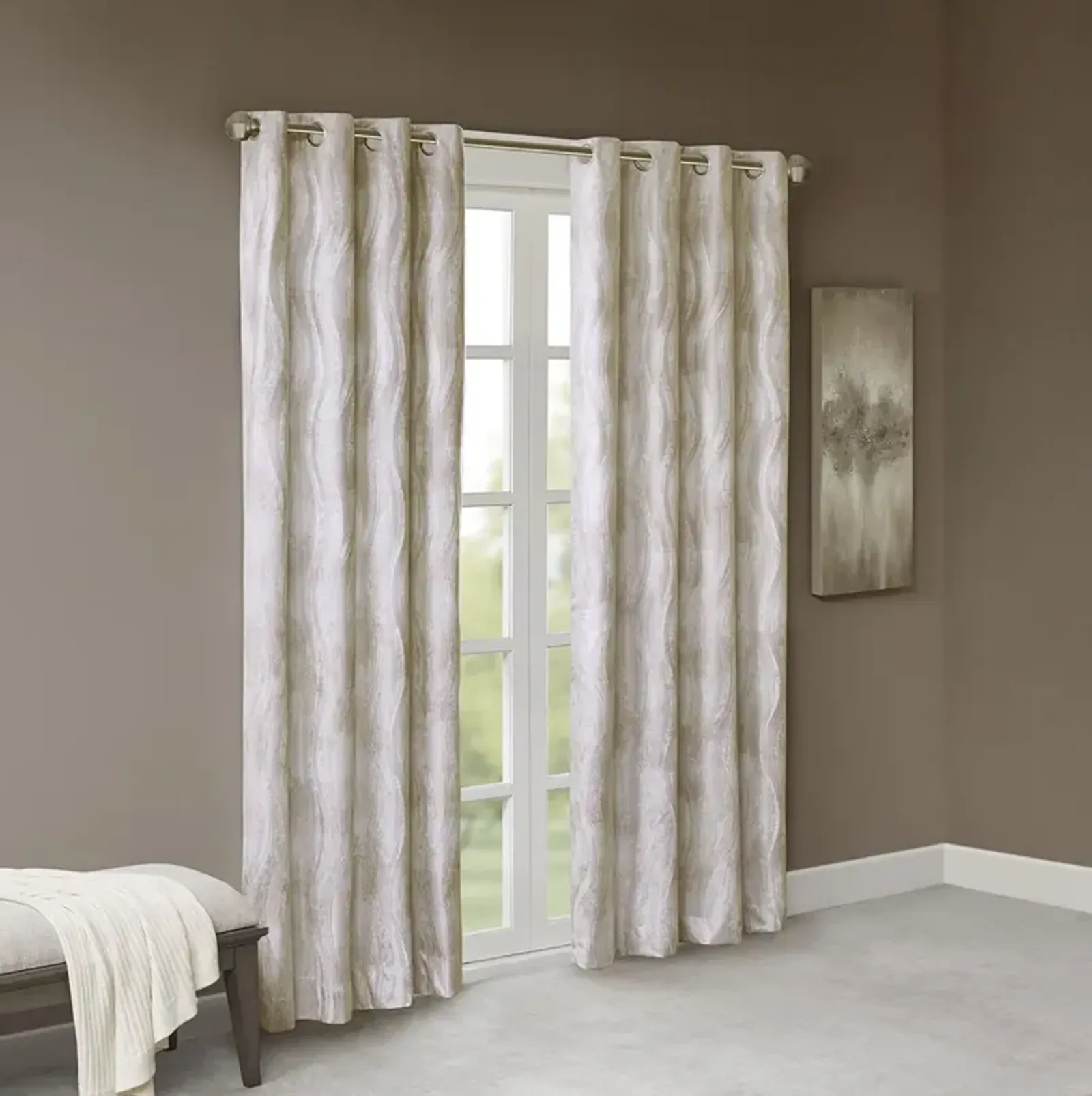 SunSmart Victorio Ivory Printed Jacquard Grommet Top Total Blackout Curtain Panel