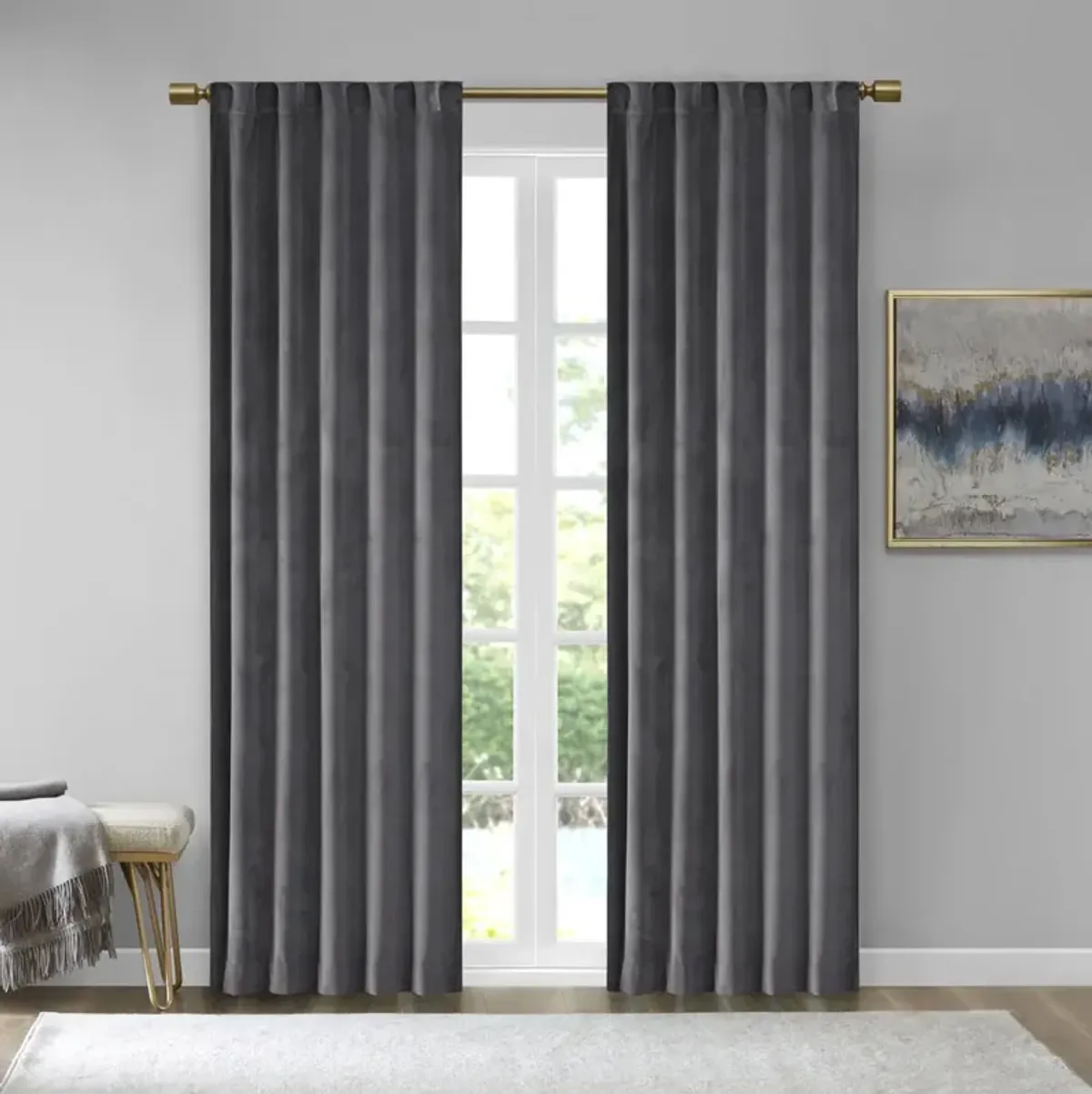 510 Design Colt Charcoal Room Darkening Poly Velvet Rod Pocket/Back Tab Curtain Panel Pair