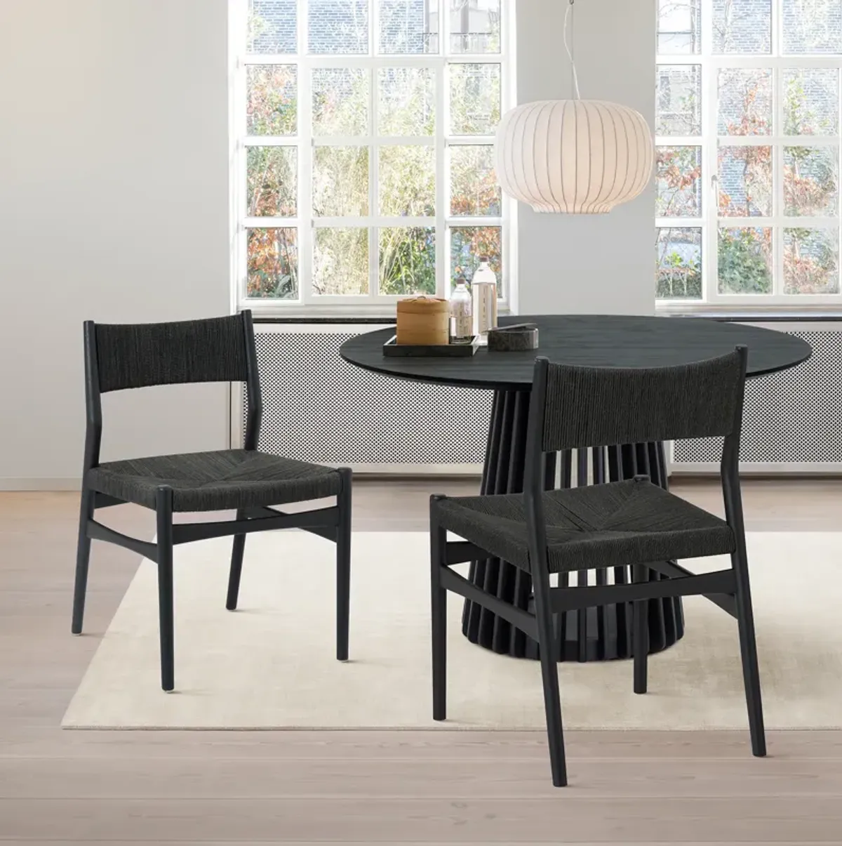 Erie Black Woven Paper Cord and Wood Dining Chairs - Set of 2