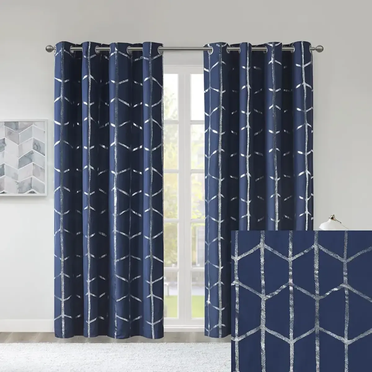 Intelligent Design Raina Navy/Silver Total Blackout Metallic Print Grommet Top Curtain Panel