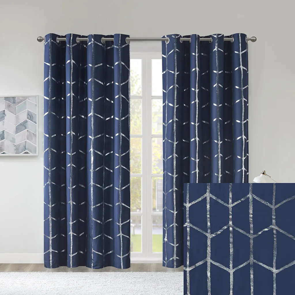 Intelligent Design Raina Navy/Silver Total Blackout Metallic Print Grommet Top Curtain Panel