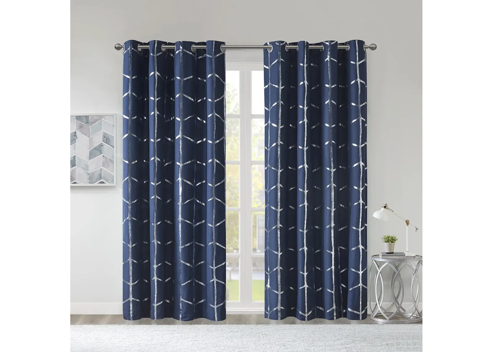 Intelligent Design Raina Navy/Silver Total Blackout Metallic Print Grommet Top Curtain Panel