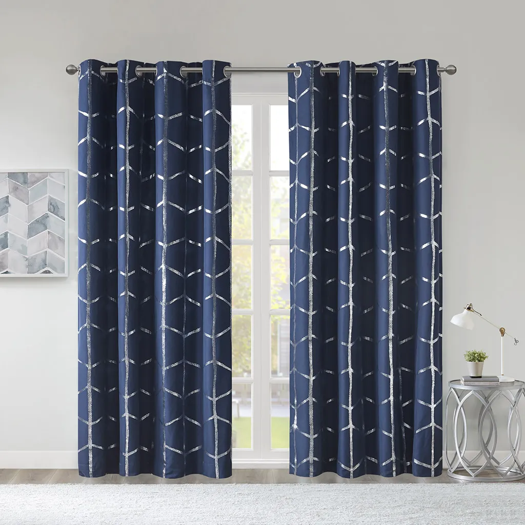 Intelligent Design Raina Navy/Silver Total Blackout Metallic Print Grommet Top Curtain Panel