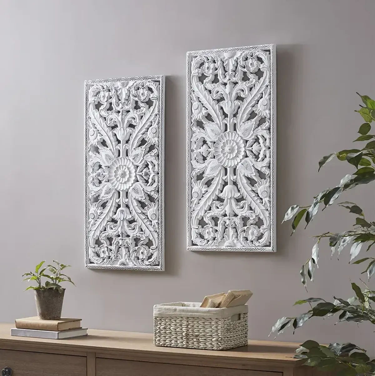 Madison Park Botanical Panel White Distressed Carved Wood 2-piece Wall Decor Set