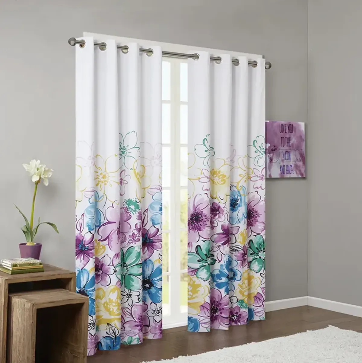 Intelligent Design Olivia Blue Printed Total Blackout Curtain Panel