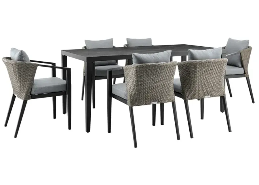 Aileen Outdoor Patio 7-Piece Dining Table Set in Aluminum and Wicker with Gray Cushions