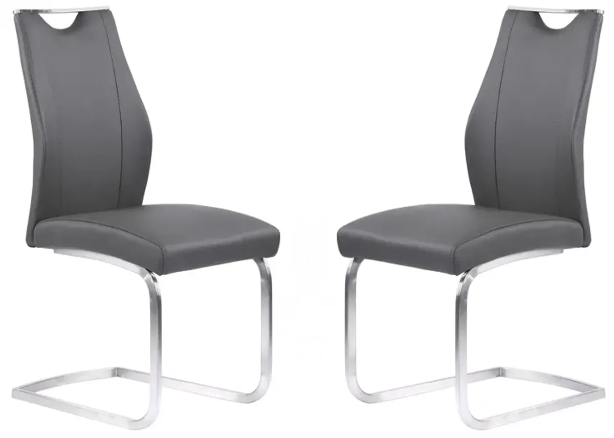 Bravo Contemporary Dining Chair in Gray Faux Leather and Brushed Stainless Steel Finish - Set of 2