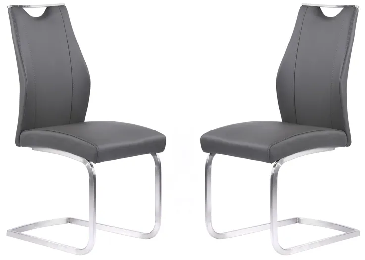 Bravo Contemporary Dining Chair in Gray Faux Leather and Brushed Stainless Steel Finish - Set of 2