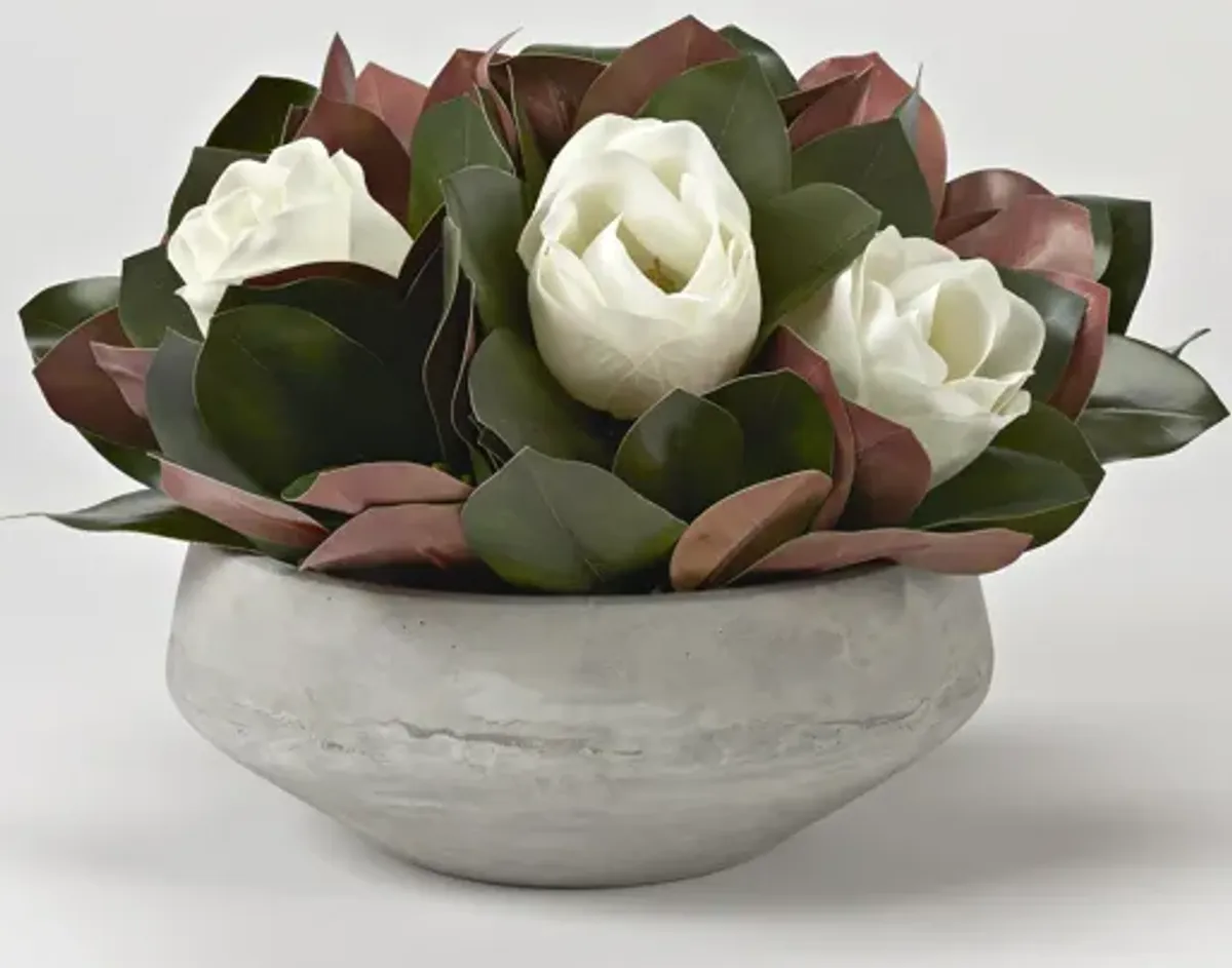 Magnolia Blooms And Leaves in Concrete Bowl