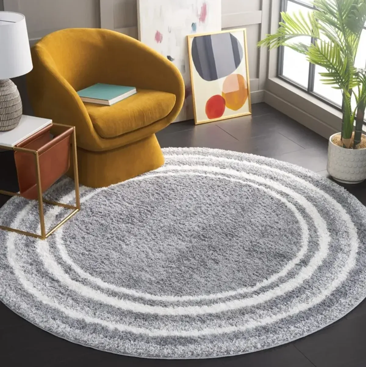 BORDER & STRIPE SHAG 251 Grey 6'-7' X 6'-7' Round Round Rug
