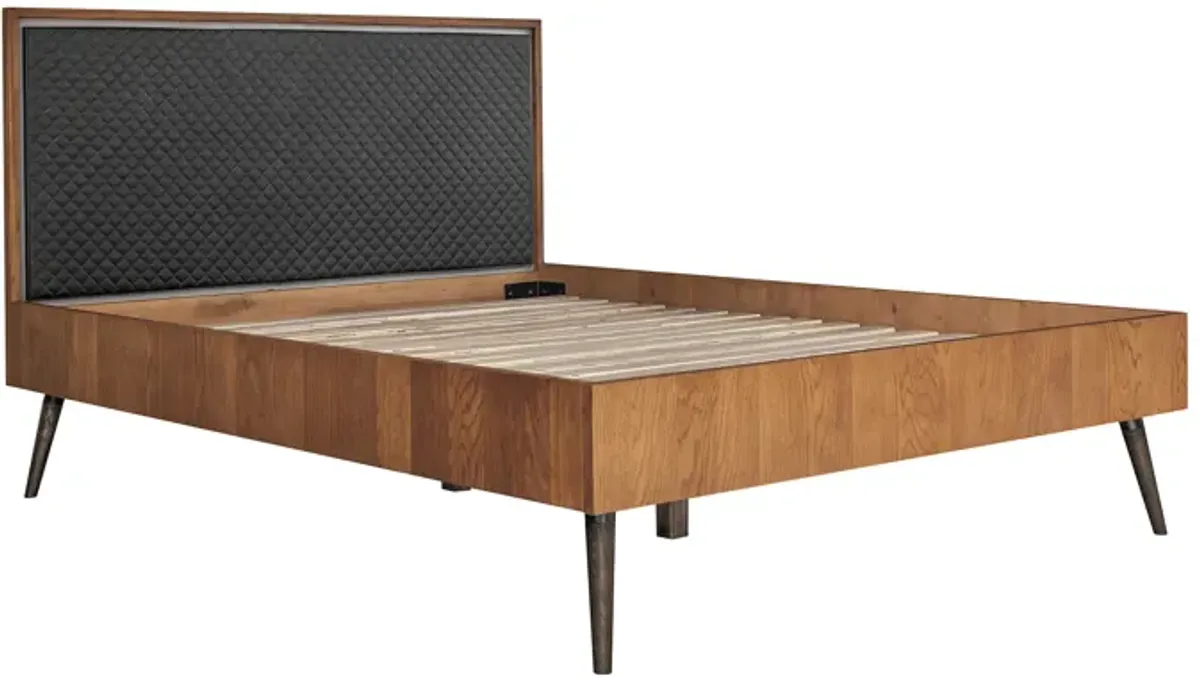 Coco Rustic Oak Wood Upholstered Faux Leather Queen Platform Bed