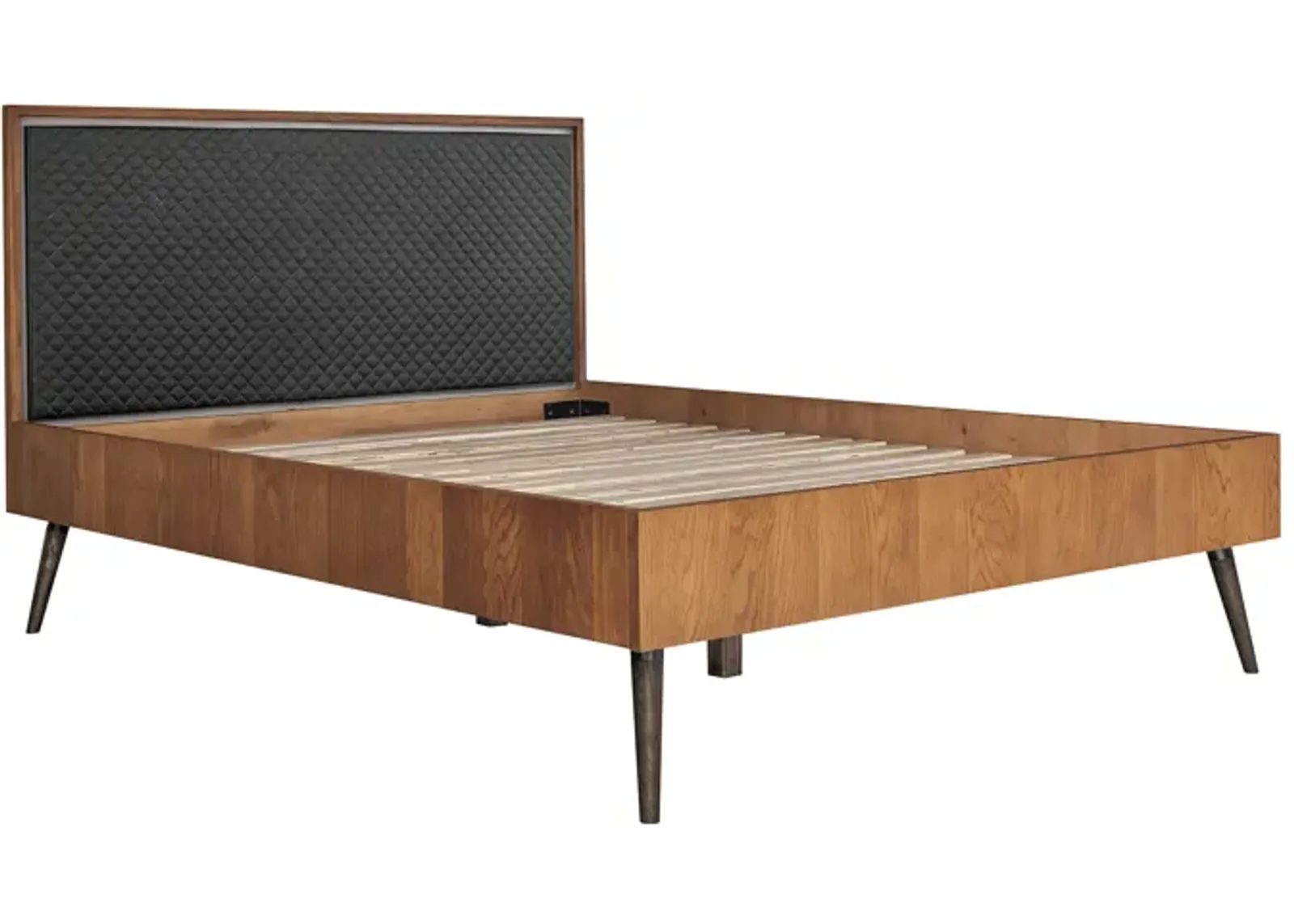 Coco Rustic Oak Wood Upholstered Faux Leather Queen Platform Bed