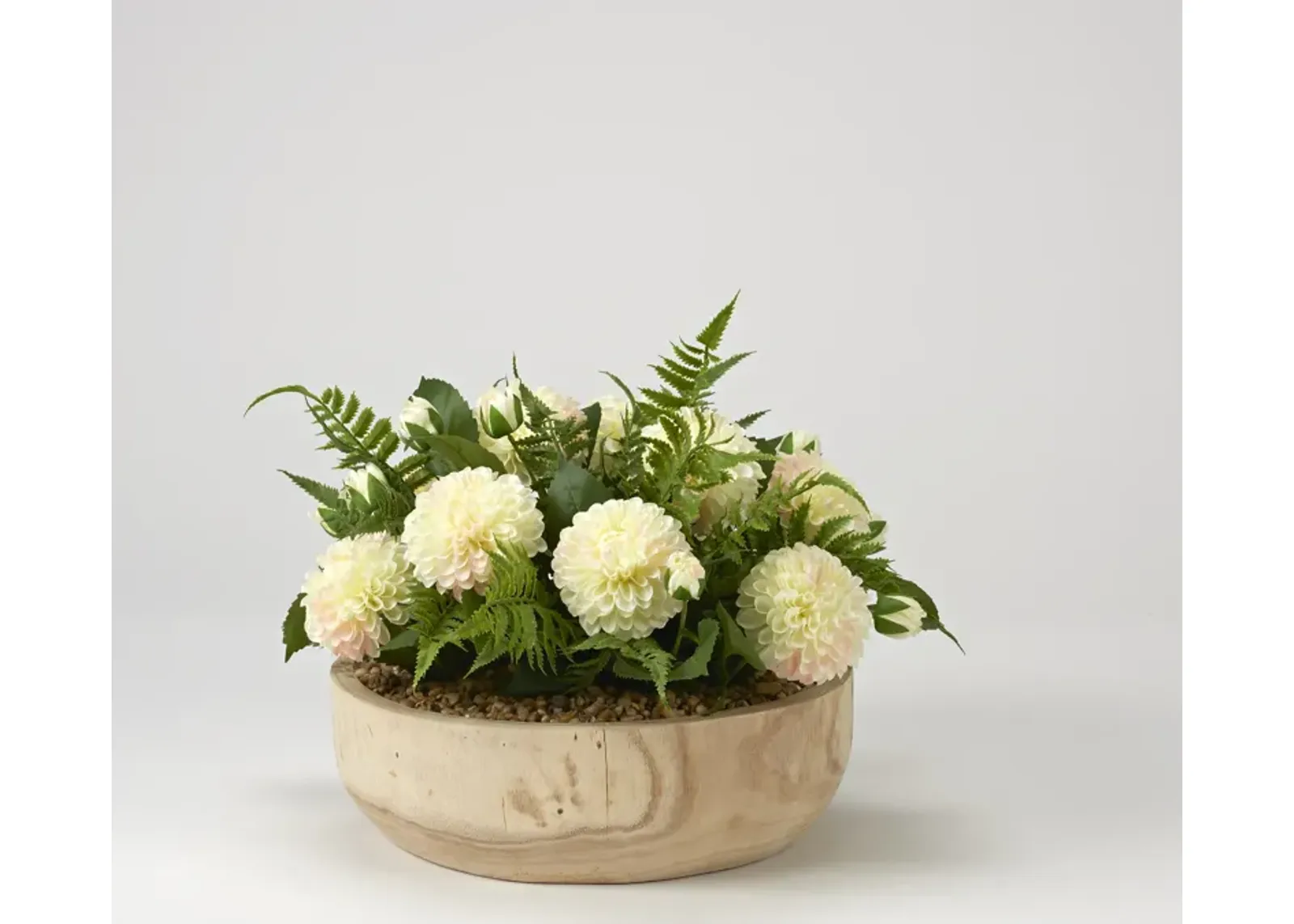 Cream Dahlias with Leather Fern in Wooden Bowl