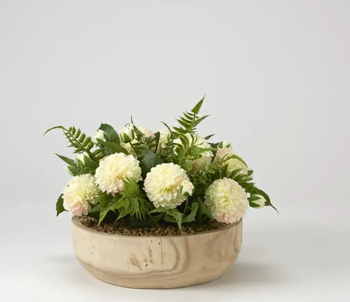 Cream Dahlias with Leather Fern in Wooden Bowl