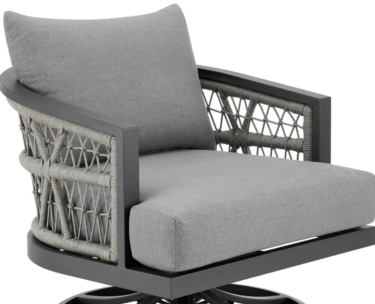 Zella Outdoor Patio Swivel Armchair in Aluminum with Light Gray Rope and Earl Gray Cushions