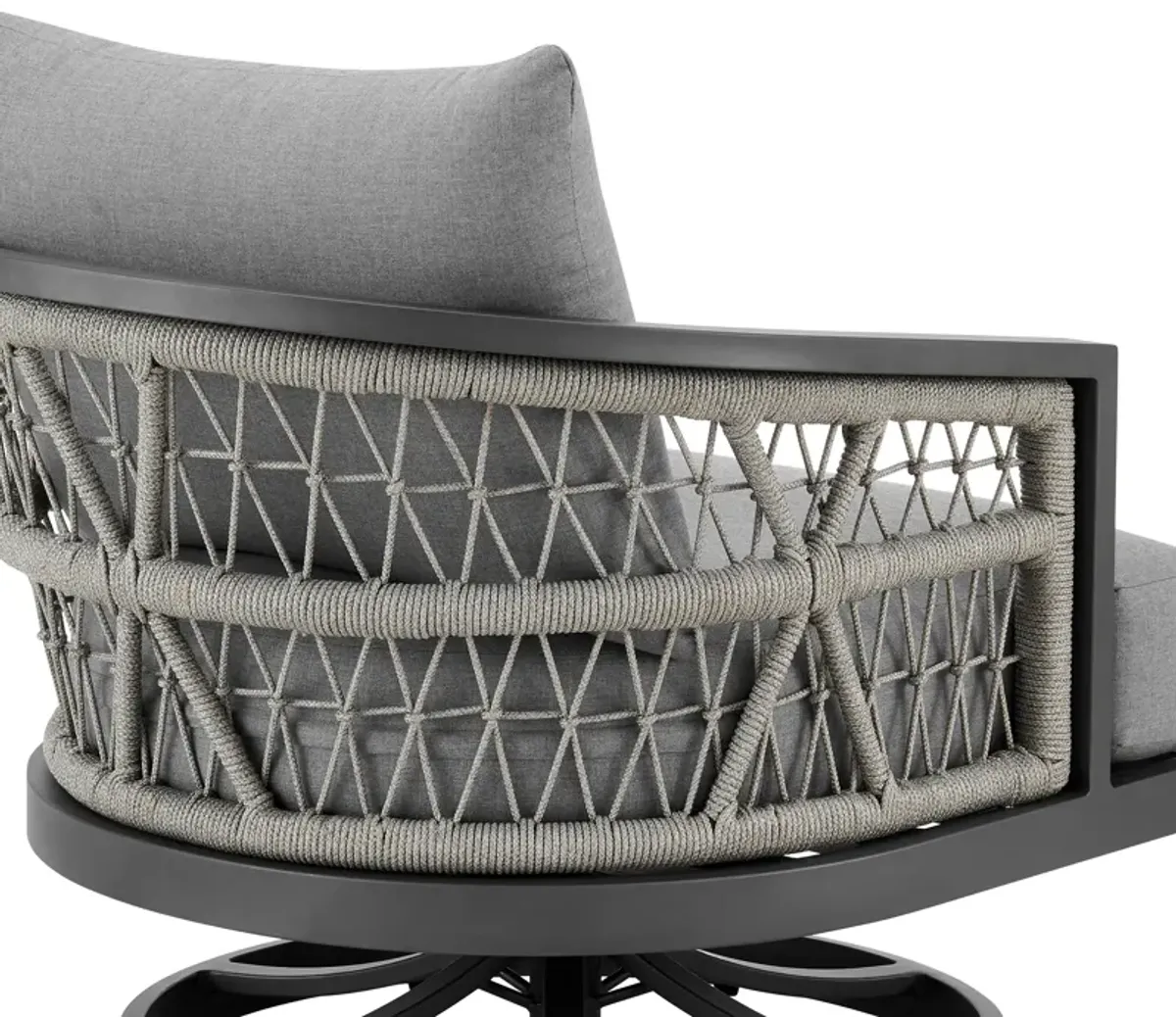 Zella Outdoor Patio Swivel Armchair in Aluminum with Light Gray Rope and Earl Gray Cushions