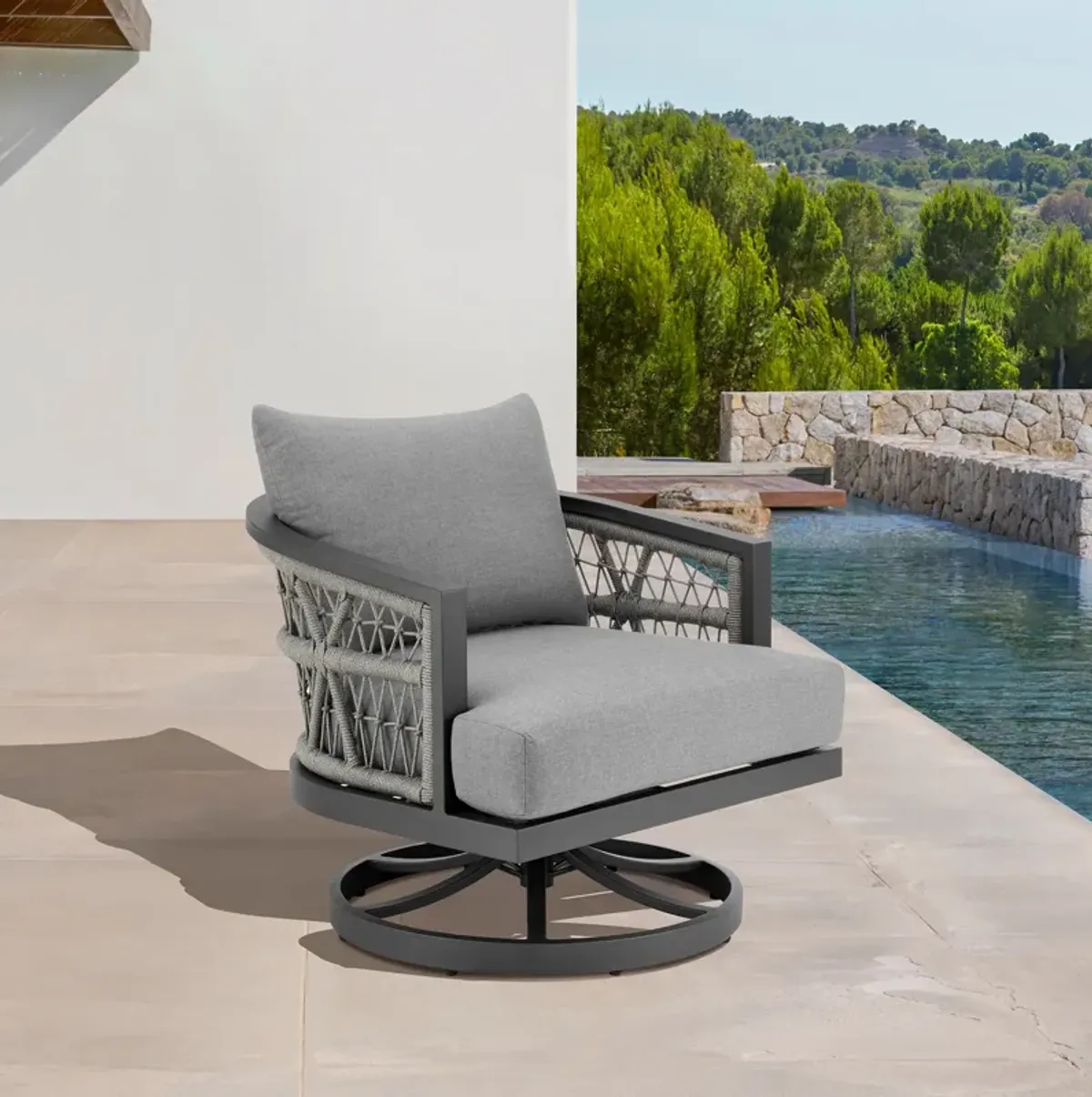 Zella Outdoor Patio Swivel Armchair in Aluminum with Light Gray Rope and Earl Gray Cushions