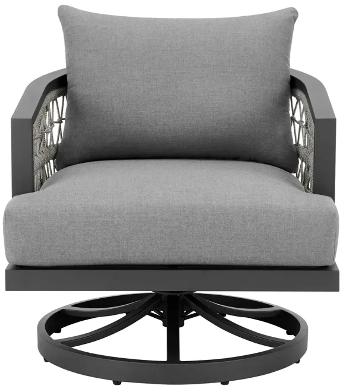 Zella Outdoor Patio Swivel Armchair in Aluminum with Light Gray Rope and Earl Gray Cushions