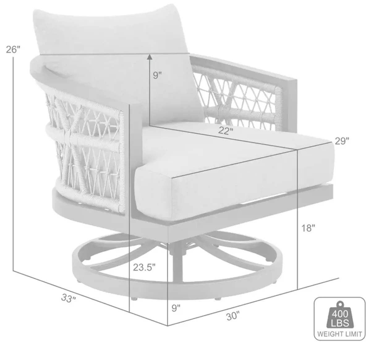 Zella Outdoor Patio Swivel Armchair in Aluminum with Light Gray Rope and Earl Gray Cushions