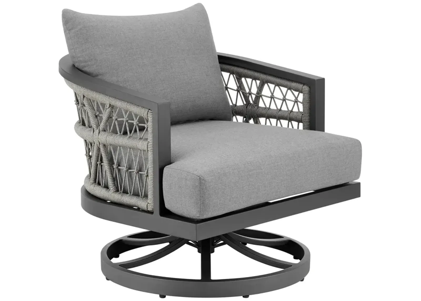 Zella Outdoor Patio Swivel Armchair in Aluminum with Light Gray Rope and Earl Gray Cushions