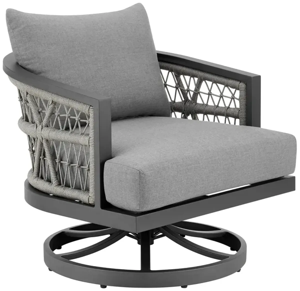 Zella Outdoor Patio Swivel Armchair in Aluminum with Light Gray Rope and Earl Gray Cushions