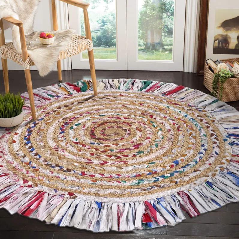 Nature Pastel Multicolor Braided Chindi Cotton Blend Indoor Round Area Rug 3'6"