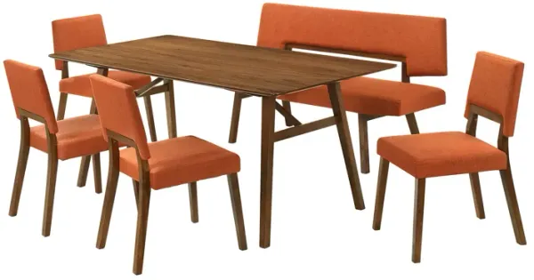 Channell 6 Piece Walnut Wood Dining Table Set with Bench in Orange Fabric