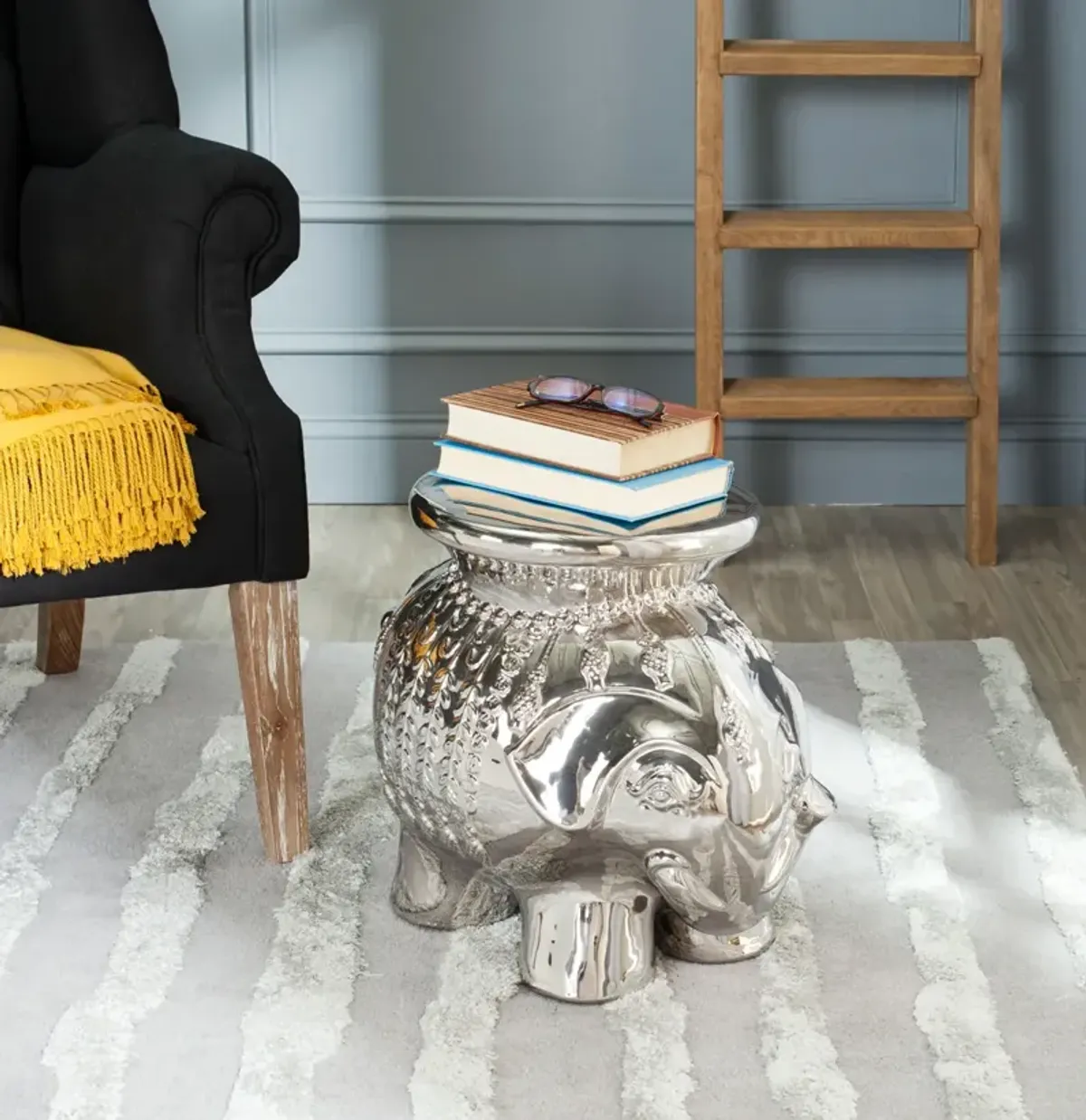 Silver Glazed Ceramic Elephant Stool