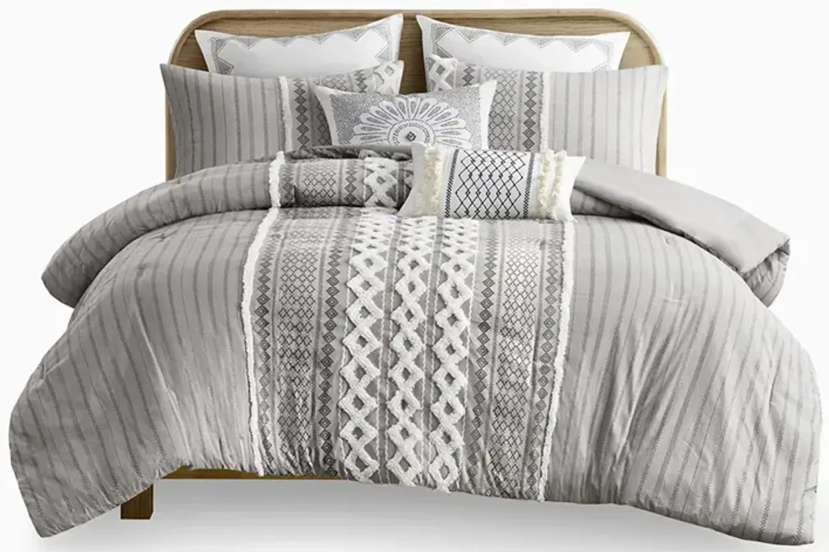 INK+IVY Imani Gray Cotton Printed Comforter Set with Chenille