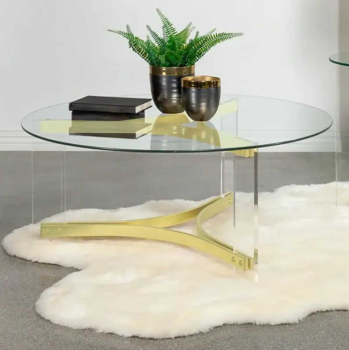 Janessa Round Glass Top Coffee Table With Acrylic Legs Clear and Matte Brass