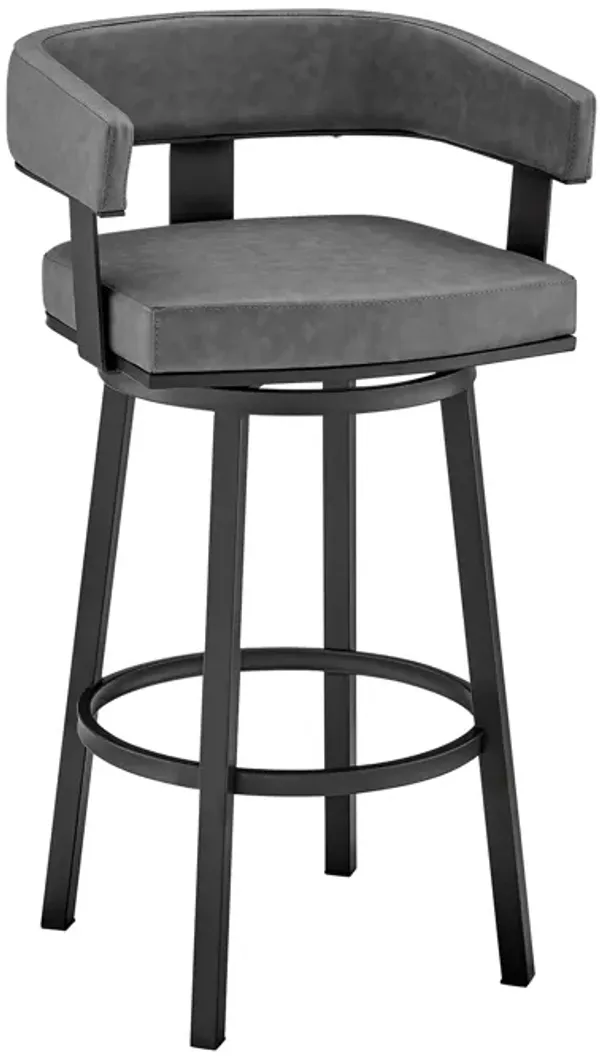 Lorin 30" Bar Height Swivel Bar Stool in Black Finish and Gray Faux Leather