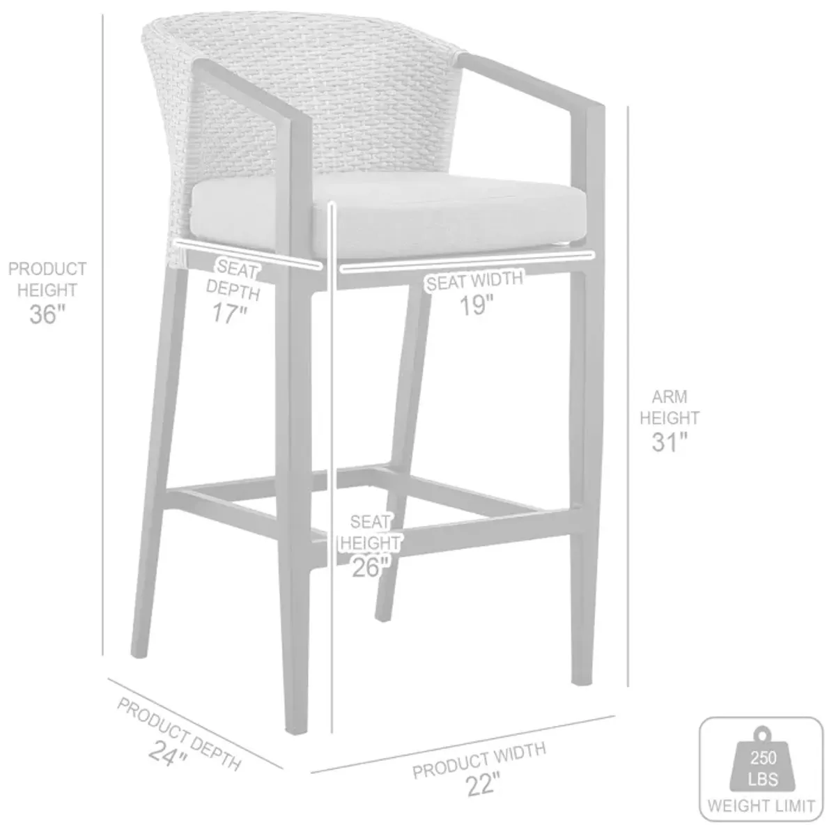 Aileen Outdoor Patio Counter Height Bar Stool in Aluminum and Wicker with Gray Cushions