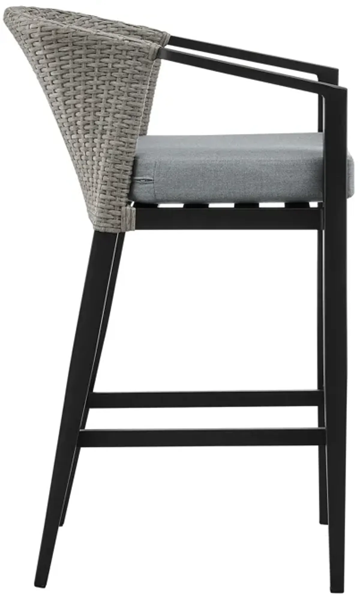 Aileen Outdoor Patio Counter Height Bar Stool in Aluminum and Wicker with Gray Cushions