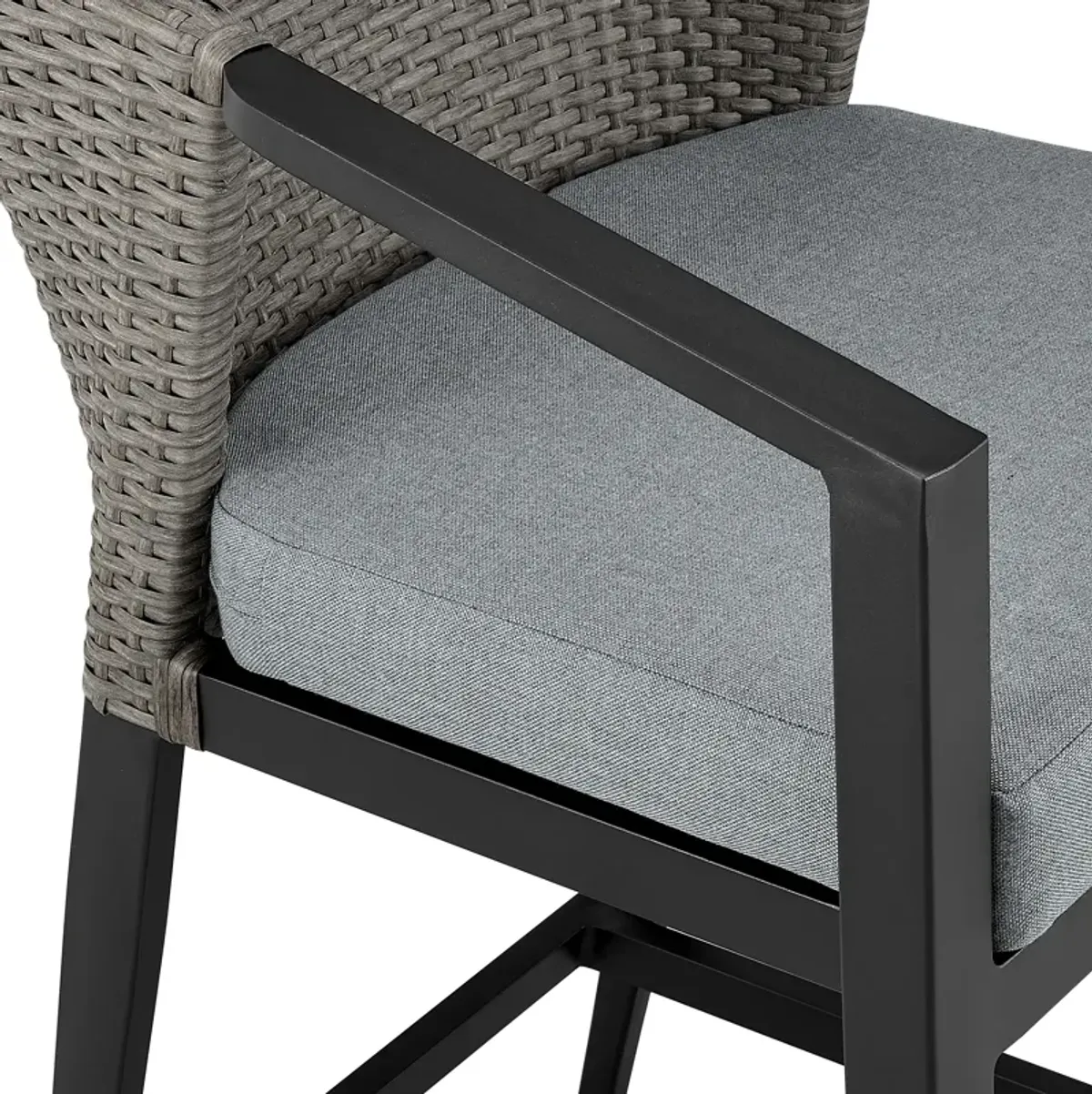 Aileen Outdoor Patio Counter Height Bar Stool in Aluminum and Wicker with Gray Cushions