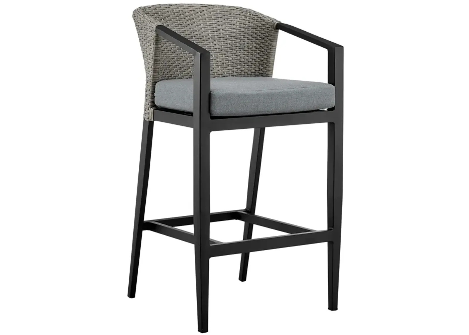 Aileen Outdoor Patio Counter Height Bar Stool in Aluminum and Wicker with Gray Cushions